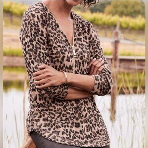 Soft Surroundings Valentina Zipper Sweater Leopard Brown NWT Size Large